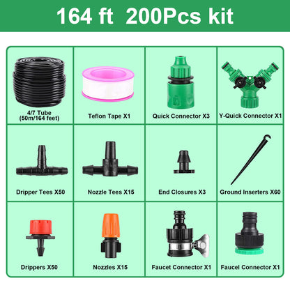 Kit de riego por goteo para jardín, kit de sistema de riego por goteo microautomático para invernadero de 164 pies con manguera de distribución en blanco, boquilla de nebulización ajustable para patio, emisores, púa de rociador 