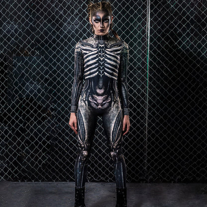 Mono estampado de uniforme de esqueleto humano de terror de Halloween para mujer