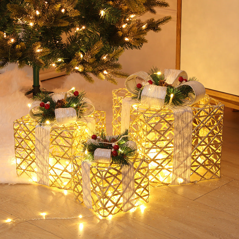 Coffret cadeau de Noël en fer forgé, ensemble de trois décorations de Noël blanc chaud avec boîte à piles et boîtes à guirlandes lumineuses de Noël