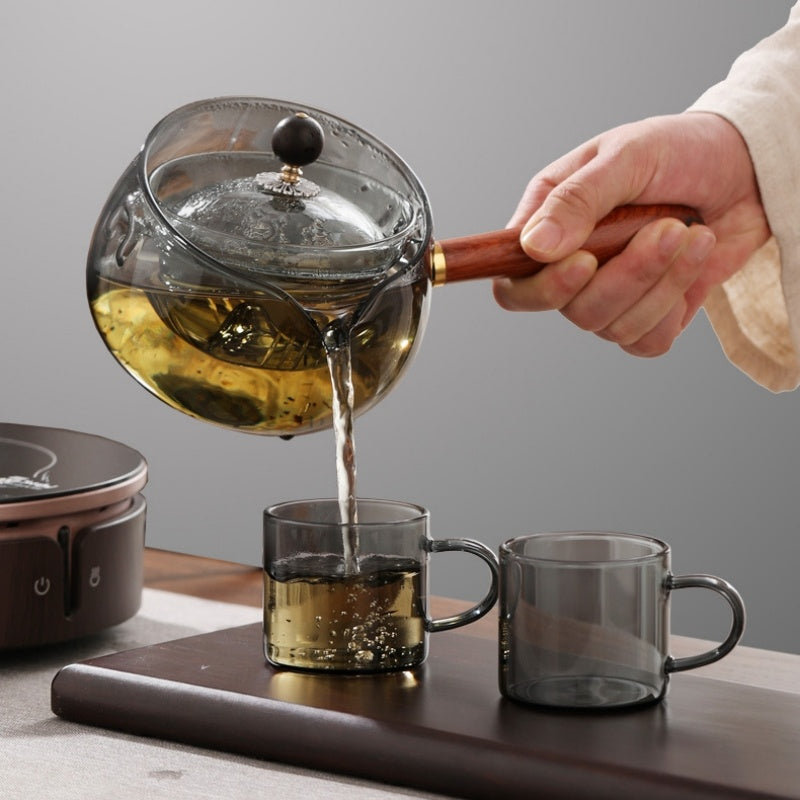 Tetera de vidrio rotativa semiautomática resistente al calor, fabricación de té perezoso con infusor y mango de madera, accesorios para el hogar y la Oficina, utensilios de cocina