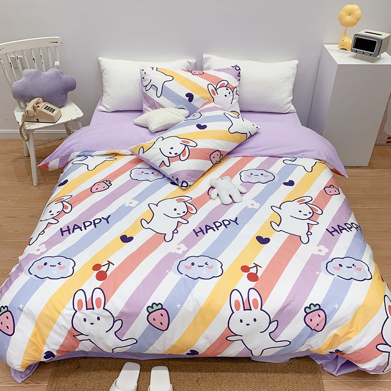 Parure de lit en coton quatre pièces pour fille, motif cœur, dessin animé, housse de couette, linge de lit en pur coton