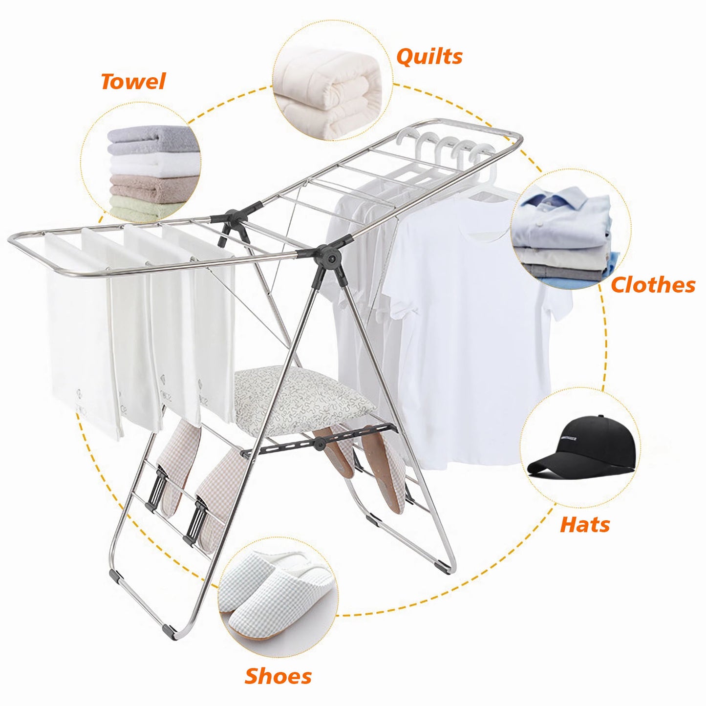 Étendoir à linge, étendoir à linge pliable à 2 couches en acier inoxydable avec papillon réglable en hauteur, étendoir à linge pour sécher les vêtements, serviettes, chaussures et chaussettes, chapeaux, couettes