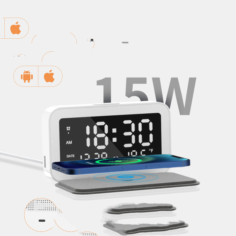 6 IN 1 Wireless Charging Clock Digital Thermometer 15W Wireless Chargers LED Night Light Alarm Clock Mobile Phone Fast Charging