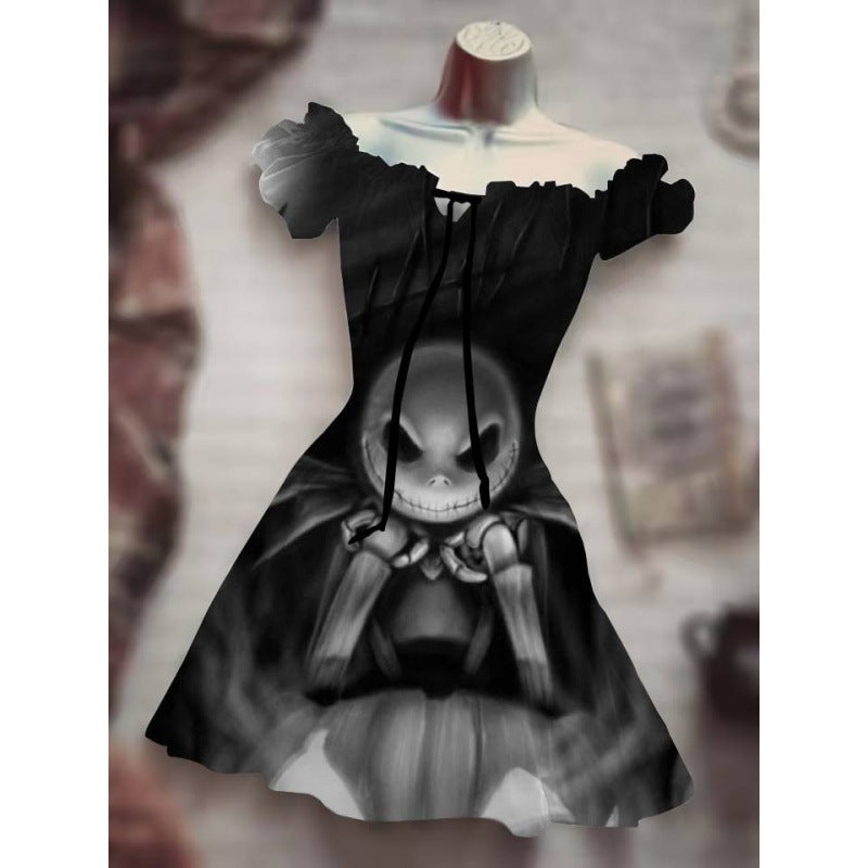 Women's Fashion Temperament Commute Halloween Drawstring Puff Sleeve High Waist Dress