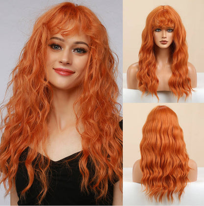 Peluca de Halloween de moda para mujer, color naranja, volumen pequeño, mecanismo de flequillo Qi, tocado