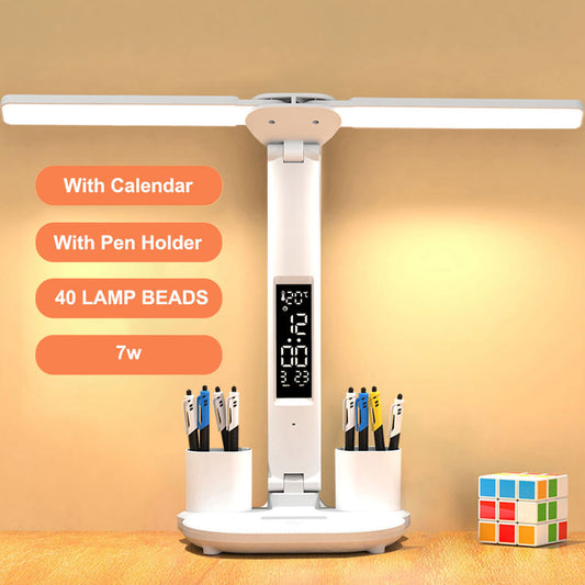 Lámpara de escritorio LED, lámpara de mesa multifunción con calendario, luz nocturna táctil USB con portalápices para lámpara de lectura de dormitorio