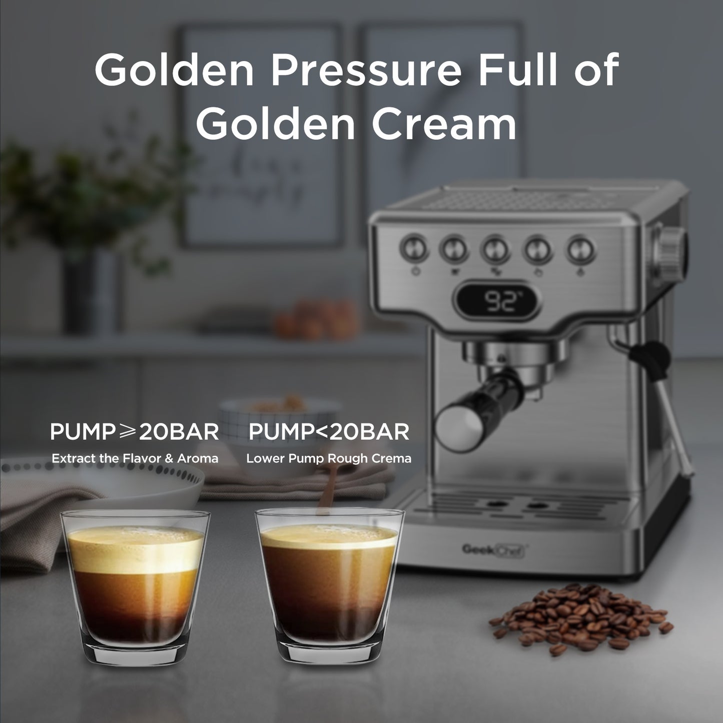 Machine à expresso Geek Chef, machine à expresso 20 bars avec mousseur à lait pour latte, cappuccino, macchiato, pour machine à expresso domestique, réservoir d'eau de 1,8 L, acier inoxydable, interdiction sur Amazon