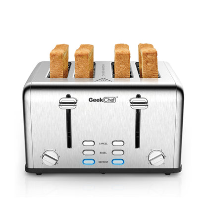 Interdire les étagères en Amazonie. Grille-pain 4 tranches, grille-pain extra-large en acier inoxydable Geek Chef avec deux panneaux de commande de bagel, dégivrage, fonction d'annulation, interdiction d'Amazon