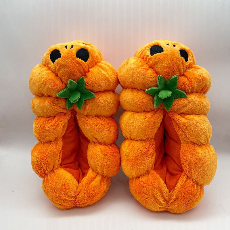 Pantuflas de felpa con forma de calabaza de Halloween para dormitorio de mujer