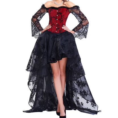 Corset court style Halloween Noël en dentelle à épaules dénudées et jupe mi-longue en deux pièces