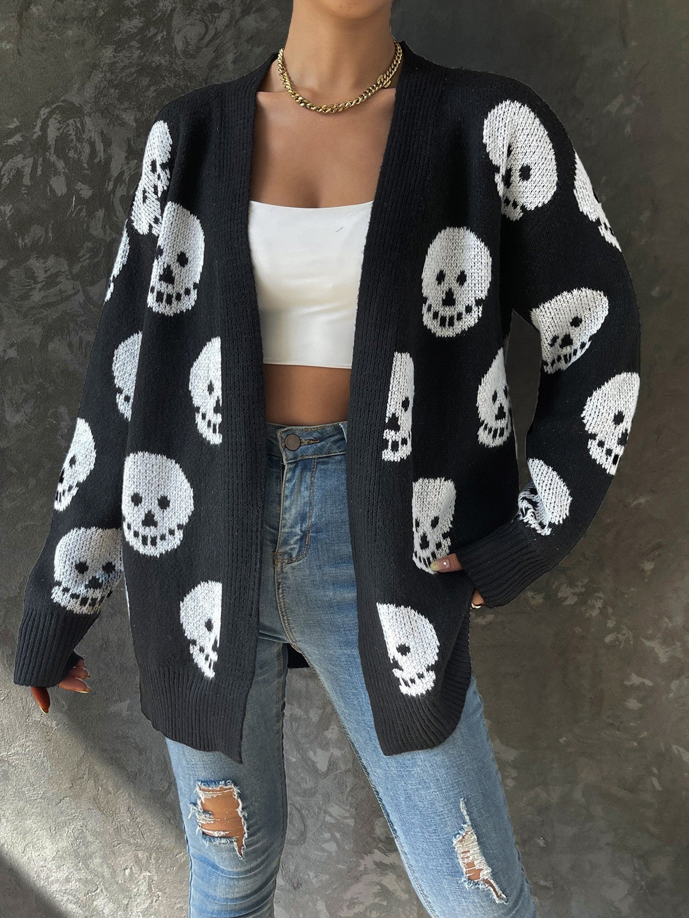 Cárdigan informal de manga larga de punto en jacquard con diseño de calavera de Halloween para mujer