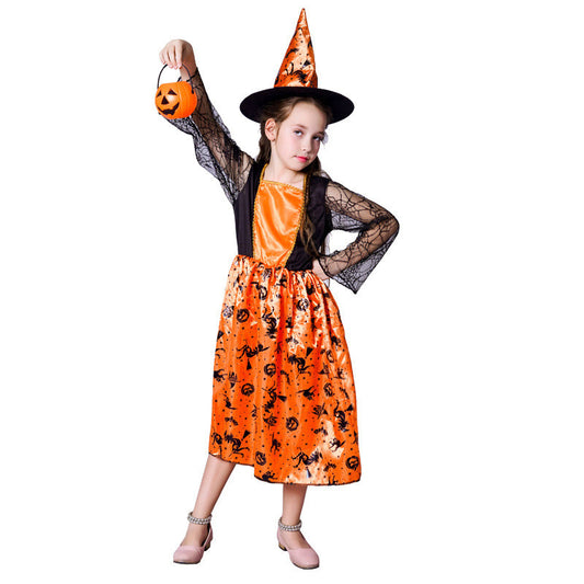 Robe de sorcière citrouille pour petite fille pour Halloween, costume de cosplay de performance sur scène de sorcière pour fille