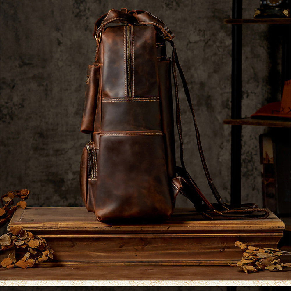 Handmade Retro Crazy Horse Leather Oversized Backpack