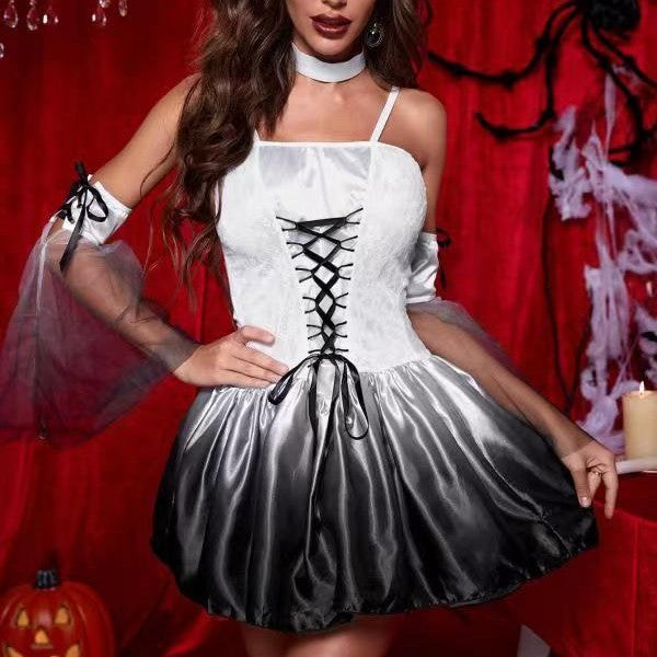 Costume d'ange noir d'Halloween avec ailes en dentelle pour femme