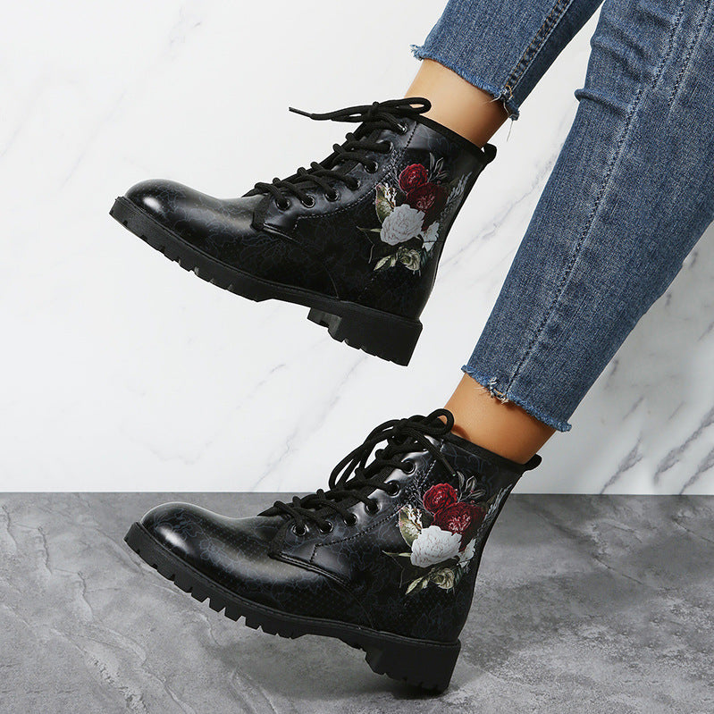 Botas de Halloween con cordones y estampado de flores rosas para mujer