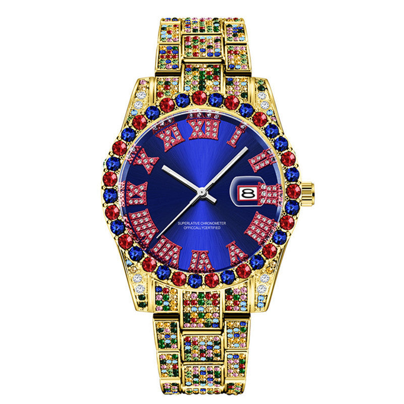 Hip Hop Hommes Mode Couleur Pleine Diamant Date Montres À Quartz