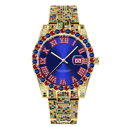 Relojes de cuarzo con fecha y diamantes completos en color a la moda para hombres de Hip Hop