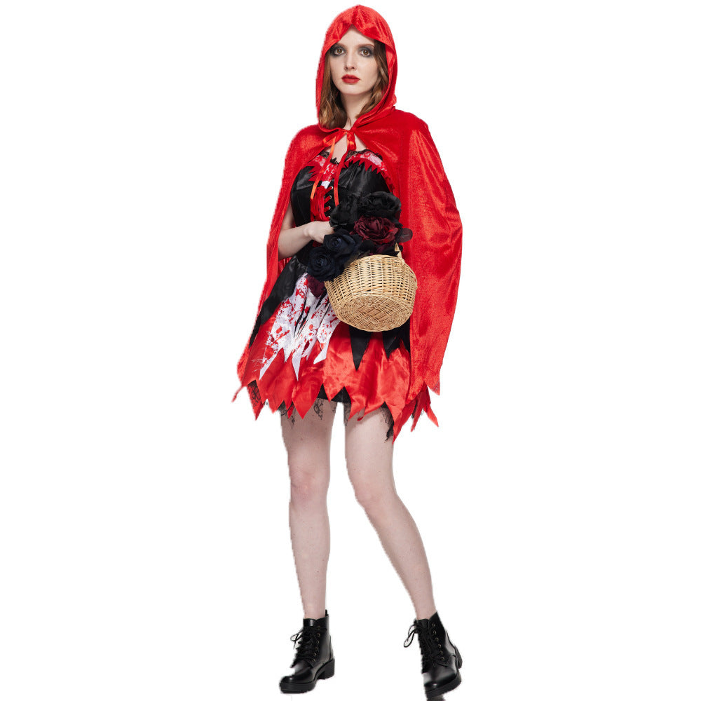 Spot Halloween Nouveau Classique Petit Chaperon Rouge Cosplay Vêtements Tache De Sang Horreur Performance Costumes Sorcière Costume Robe