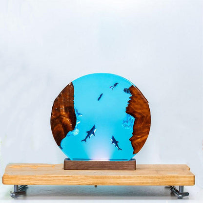 3D Shark Epoxy Round Decorative Resin Solid Wood Marine Small Night Lamp