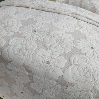 Ensemble de couvre-lit trois pièces en coton épais, blanc pur, Beige, broderie camélia