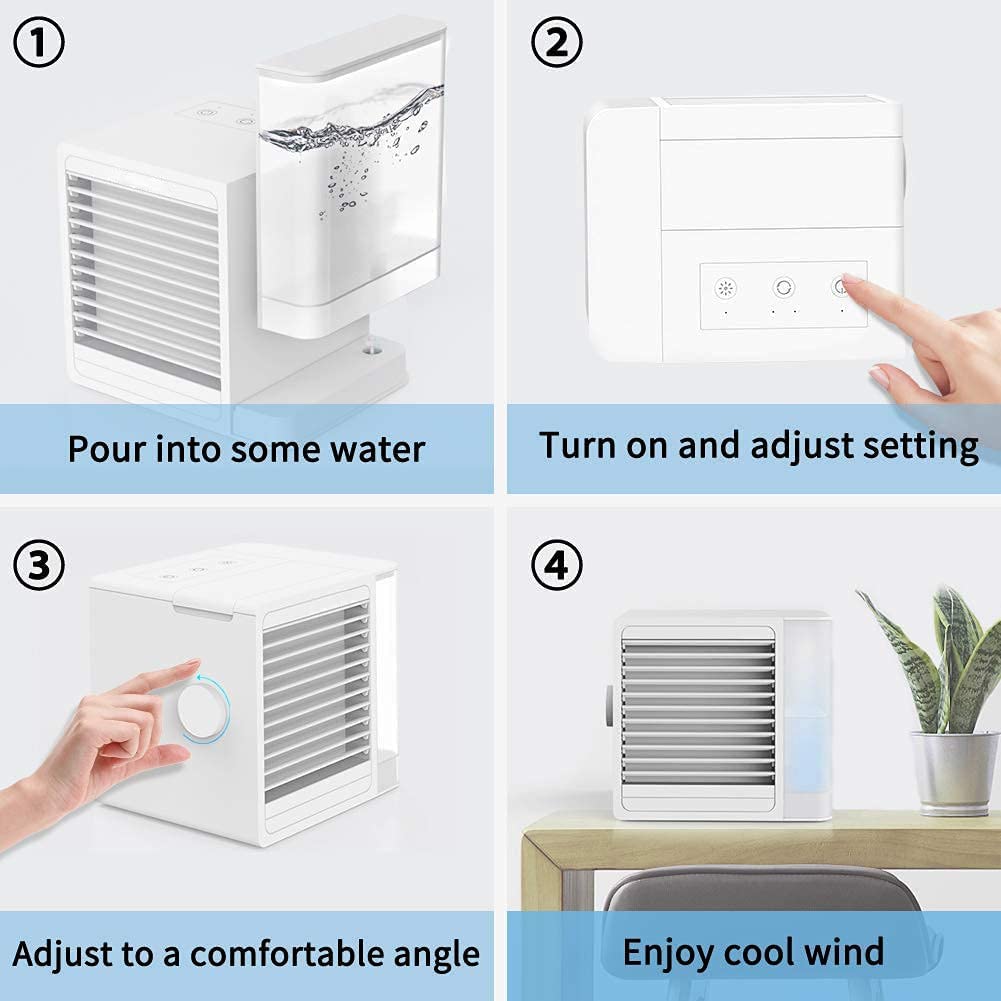 Aires acondicionados portátiles 3 en 1, enfriador de aire evaporativo con carga USB, mini aire acondicionado potente, silencioso y liviano portátil para habitación, dormitorio, oficina, cocina