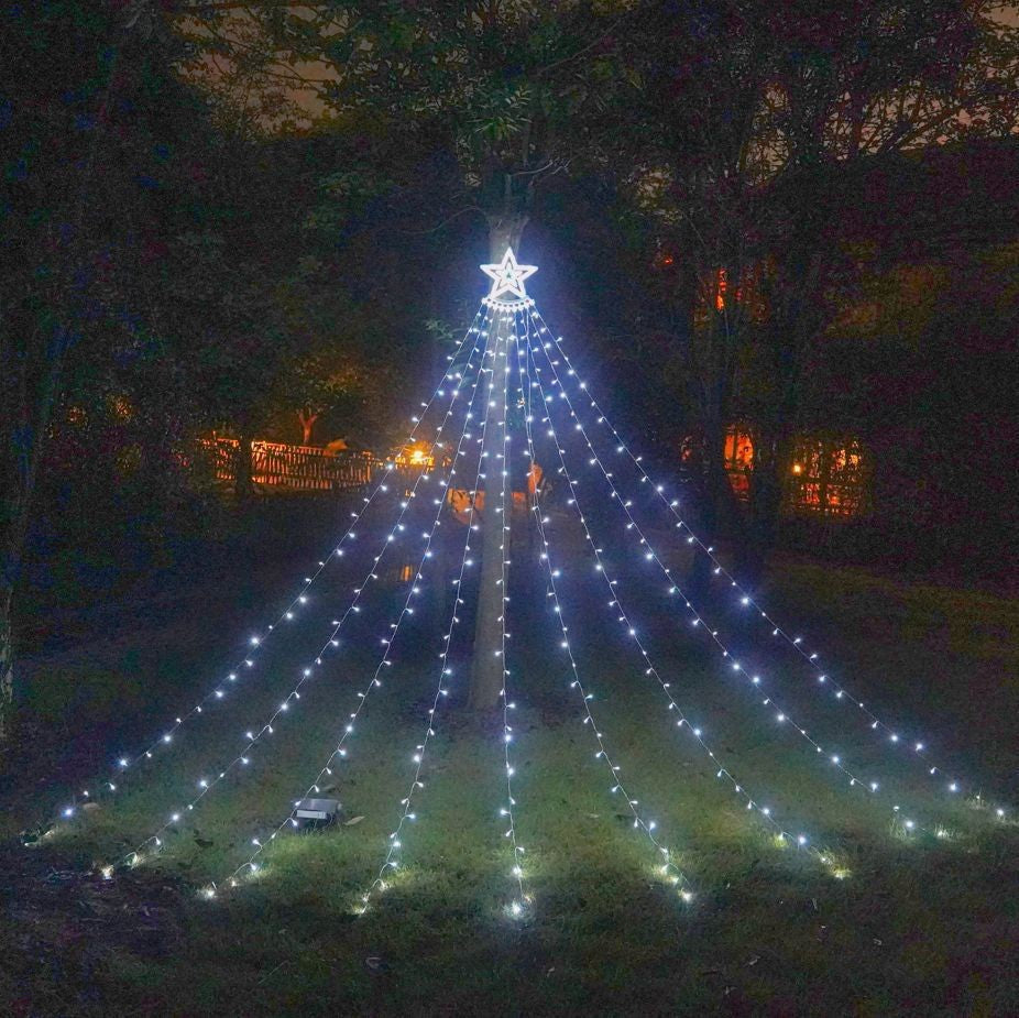 Luz LED en cascada con estrella de cinco puntas para decorar el patio al aire libre