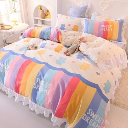 Ins Fashion Solid Cotton Bedding Set with Fitted Bed Sheet Cute Princess AB Double Sided Ruffle Quilt Cover Pillowcase Full Size