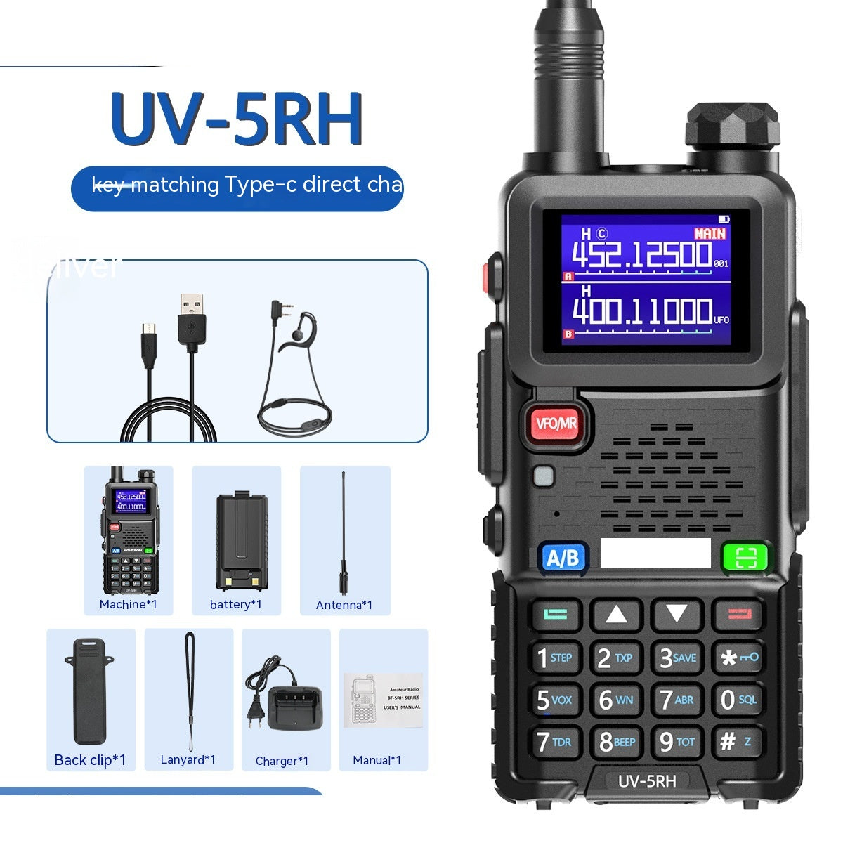 Talkie-walkie UV5R UV-5RH, correspondance de fréquence en un clic, charge directe de Type C