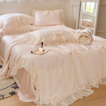 Pure Color Ruffles Princess Style Summer Quilt Tencel Summer Cooling Duvet Airable Cover Four-piece Set