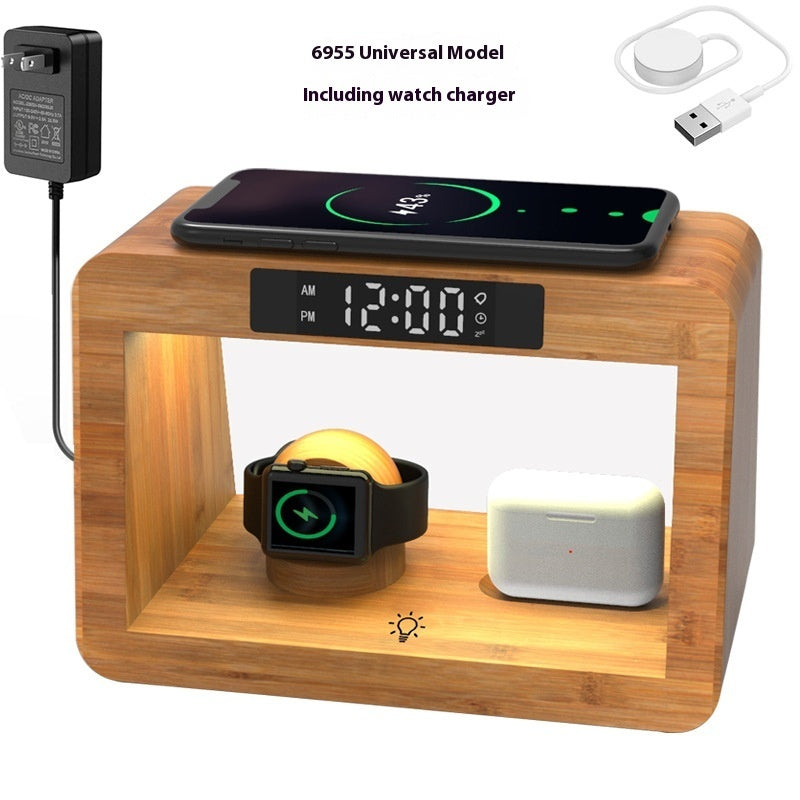 Multifunctional Bamboo Table Lamp Alarm Clock Wireless Charger