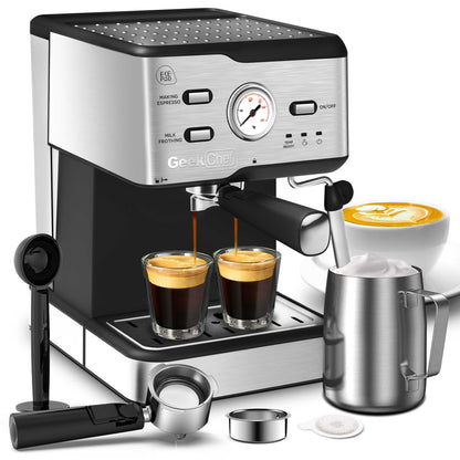 Machine à expresso Machine à café à cappuccino et latte à pression de 20 bars avec filtre ESE POD et mousseur à lait, baguette à vapeur et thermomètre, réservoir d'eau de 1,5 L, interdiction d'espresso en acier inoxydable sur Amazon