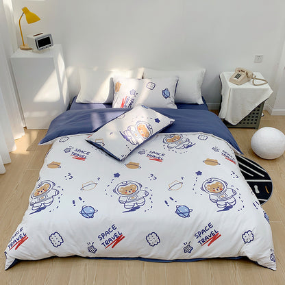 Parure de lit en coton quatre pièces pour fille, motif cœur, dessin animé, housse de couette, linge de lit en pur coton