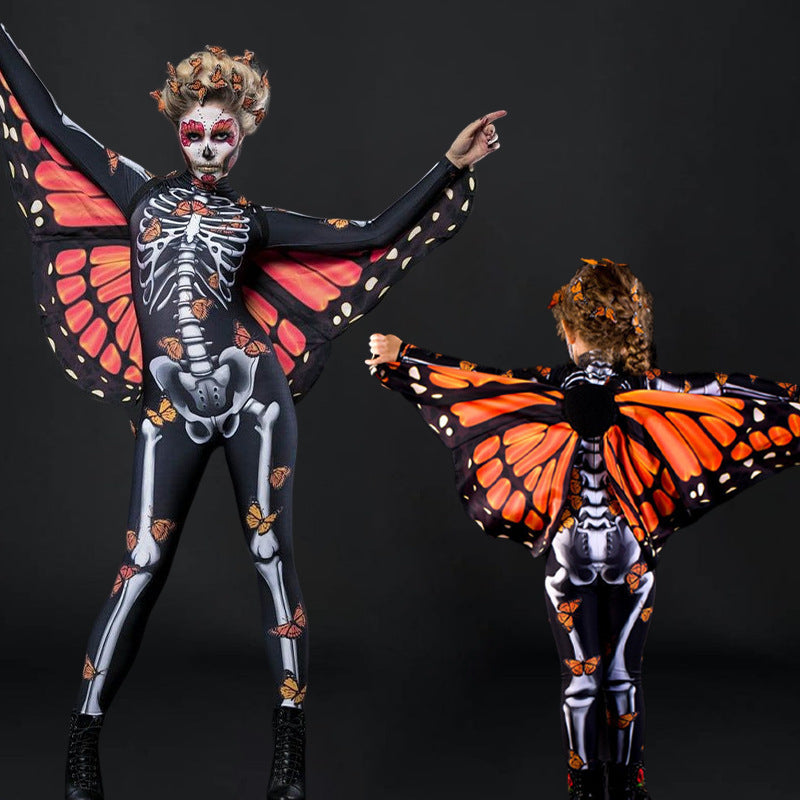 Capa de mariposa de Halloween, traje de moda para padres e hijos, mono con calavera