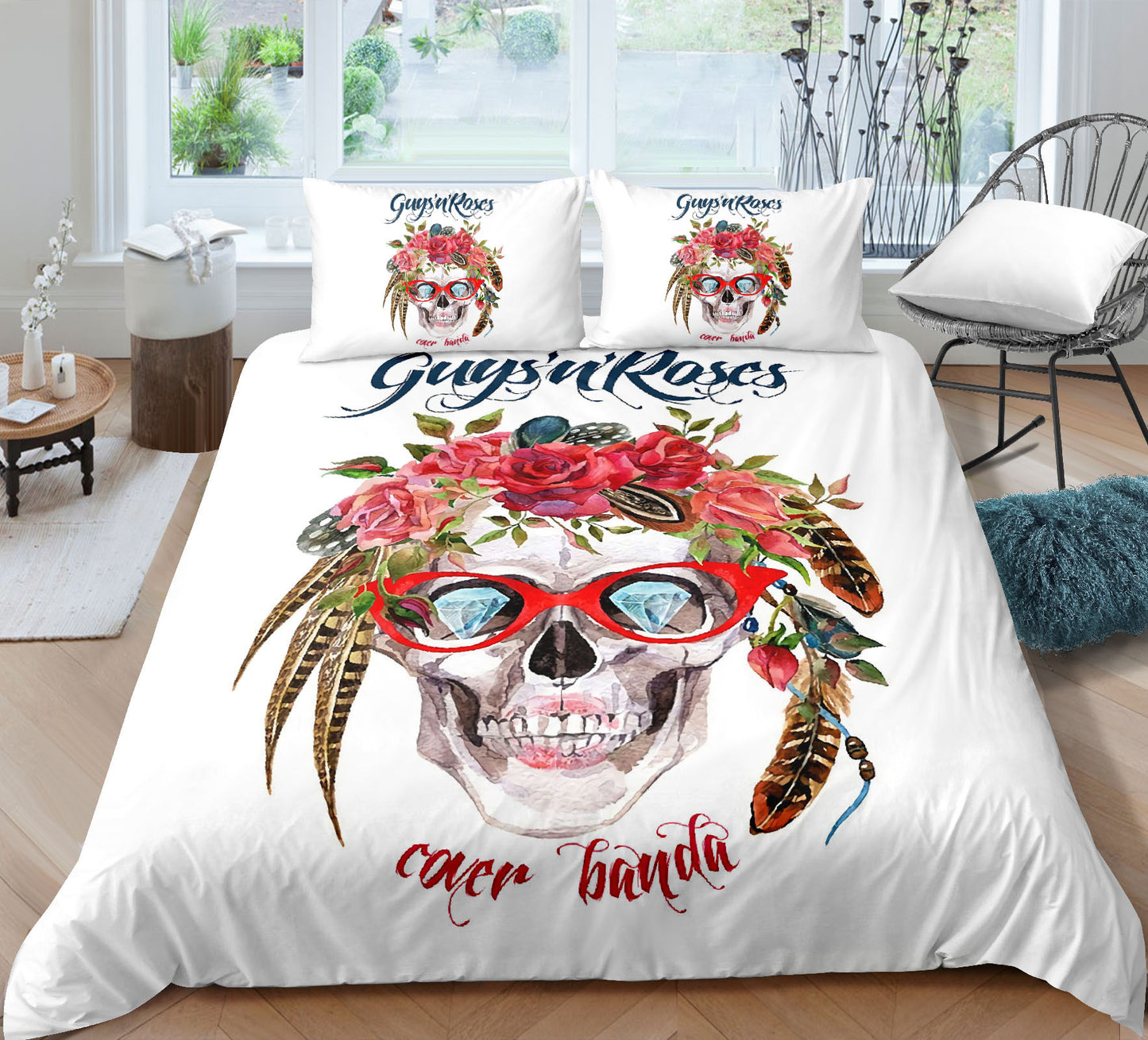 Juego de sábanas y fundas de edredón y almohadas con estampado digital 3D de calaveras de moda de tres piezas