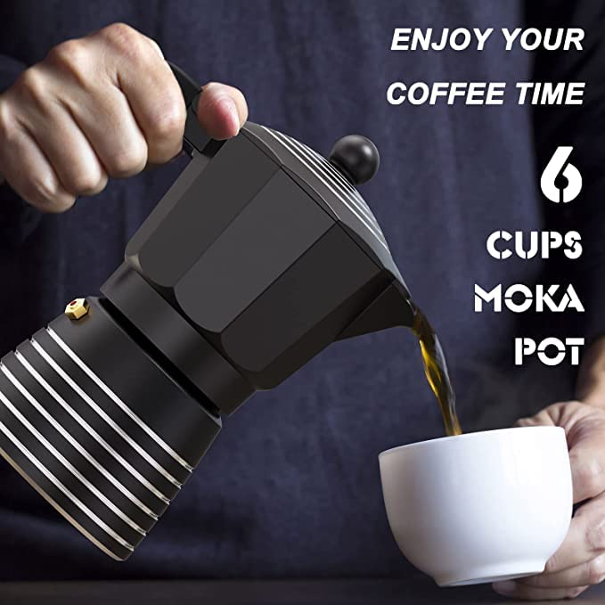 Cafetera espresso para estufa, 6 tazas, 300 ml, juego de regalo de olla Moka de aluminio, café Greca cubano italiano, fácil de usar y limpiar, juego que incluye 2 tazas, cuchara, negro, regalo perfecto para los amantes del café