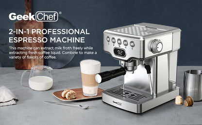 Máquina de café expreso Geek Chef, máquina de café expreso de 20 bares con espumador de leche para café con leche, capuchino, macchiato, para cafetera de café expreso casera, tanque de agua de 1,8 l, acero inoxidable, Ban On Amazon