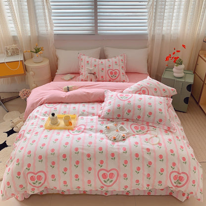 Home Fashion Simple Printing Cotton Bed Four-piece Set