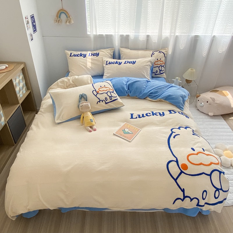 Thickened Warm Milk Fleece Bed Hat Baby Duvet Set Four-piece Set