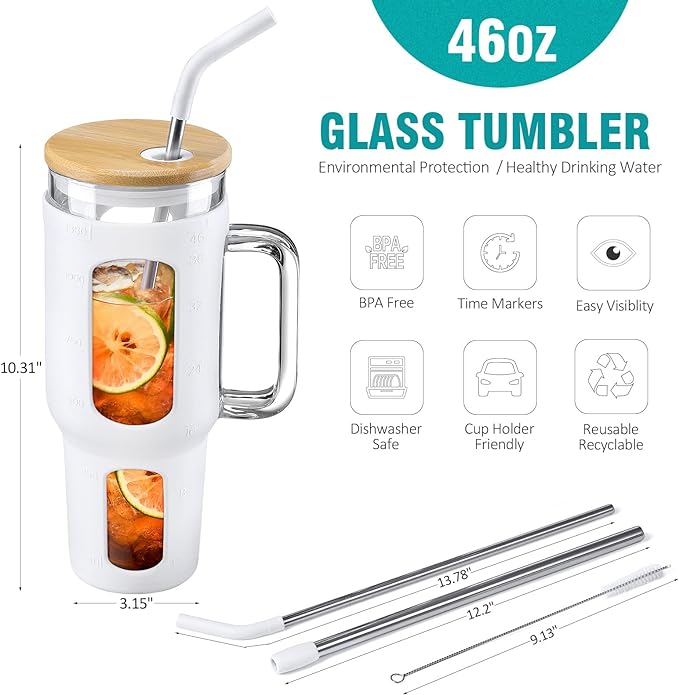 Gobelet en verre avec couvercle et paille, tasse à café glacé de 46 oz avec poignée, bouteilles d'eau en verre avec manchon en silicone, tasse en verre avec pailles