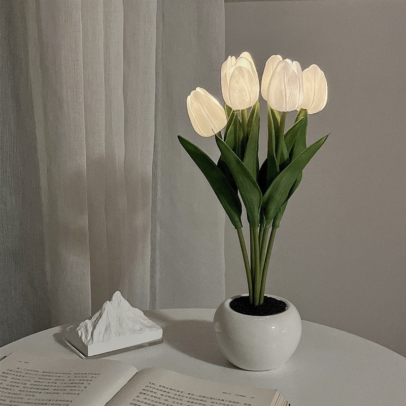 Luz LED nocturna de flor de tulipán, maceta Artificial, paisaje de plantas en maceta, lámpara de mesa, decoración para el hogar, dormitorio y sala de estar, regalo