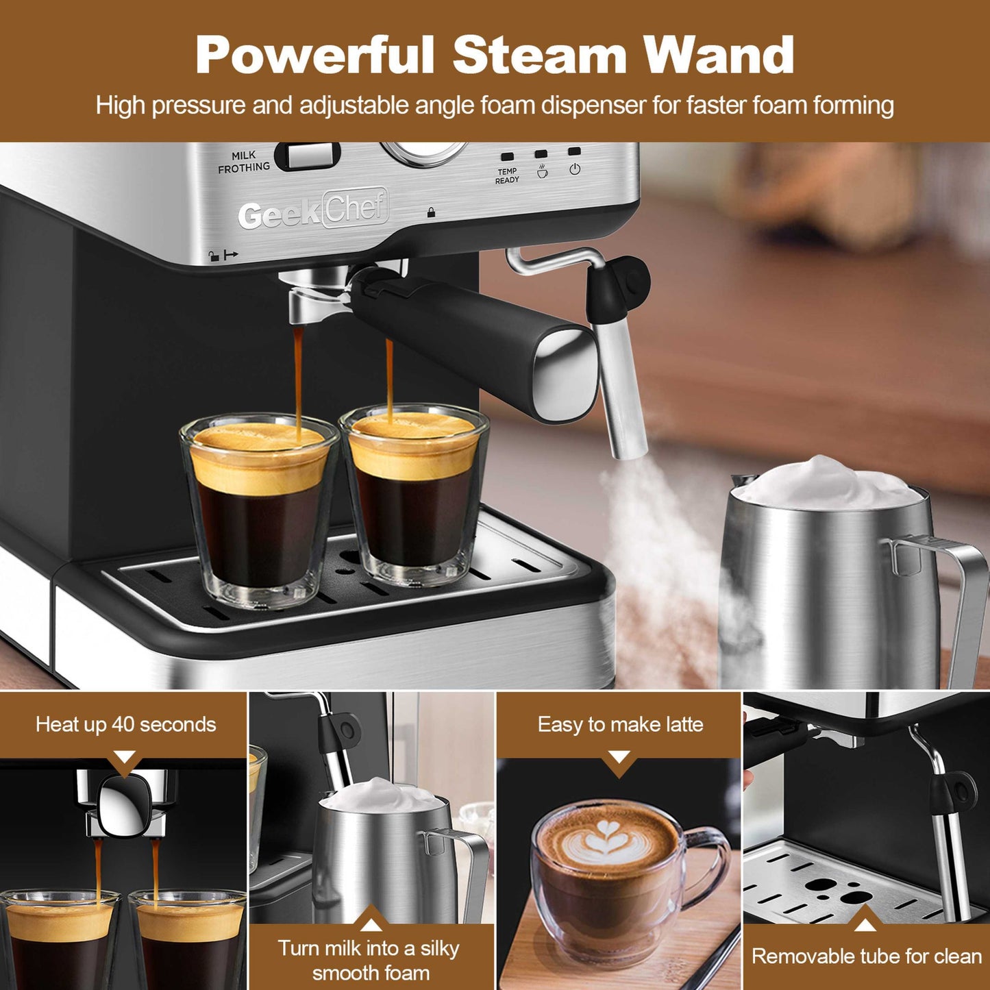 Máquina de café espresso Máquina de café para capuchino y latte a presión de 20 bares con filtro ESE POD, varilla de vapor y termómetro para espumador de leche, tanque de agua de 1,5 l, prohibición de espresso de acero inoxidable en Amazon