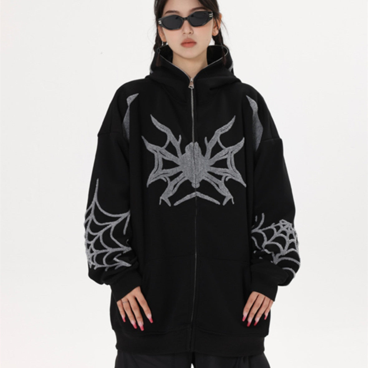 Sudadera con capucha y cremallera estilo hip hop con diseño de telaraña para Halloween