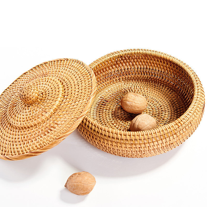 Round Rattan Boxes with Lid Hand-Woven Multi-Purpose Wicker Tray 11 Inch Picnic Food Bread Table Storage Basket