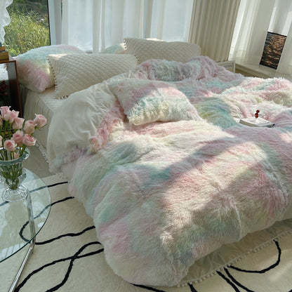 Lit d'hiver en fourrure de vison en fibre de lait Housse de couette longue en laine quatre pièces Velours corail Double face en peluche doublée en polaire Jupe de lit matelassée Style princesse