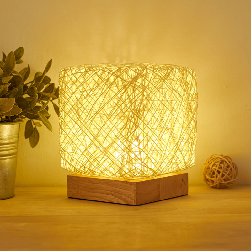 Luces de escritorio LED cuadradas regulables tejidas a mano, hilo de mimbre de madera, lámpara de mesa con carga USB, regalo para dormitorio de niñas, decoración del hogar, iluminación nocturna