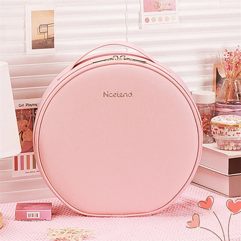 Bolsa de maquillaje LED inteligente redonda con luces de espejo, bolsa de belleza para mujer, organizador de viaje de cuero PU de gran capacidad, estuche de cosméticos