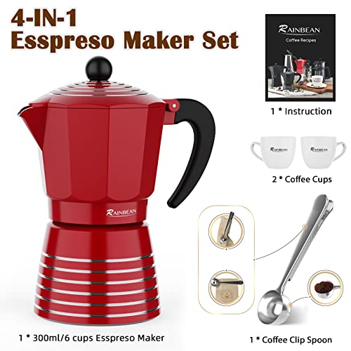 Cafetera espresso para estufa, 6 tazas, 300 ml, juego de regalo de olla Moka de aluminio, café Greca cubano italiano, fácil de usar y limpiar, juego que incluye 2 tazas, cuchara, rojo, regalo perfecto para los amantes del café