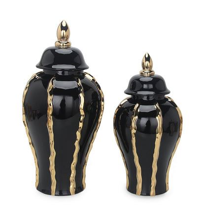 Ceramic Black Gold Pattern Temple Jar Ornaments