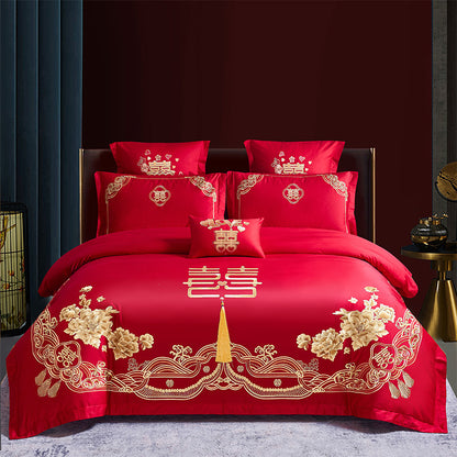 Conjunto de cuatro piezas para boda roja, venta al por mayor, ropa de cama bordada de algodón puro para boda, edredón Xi para cama de matrimonio, dragón y fénix