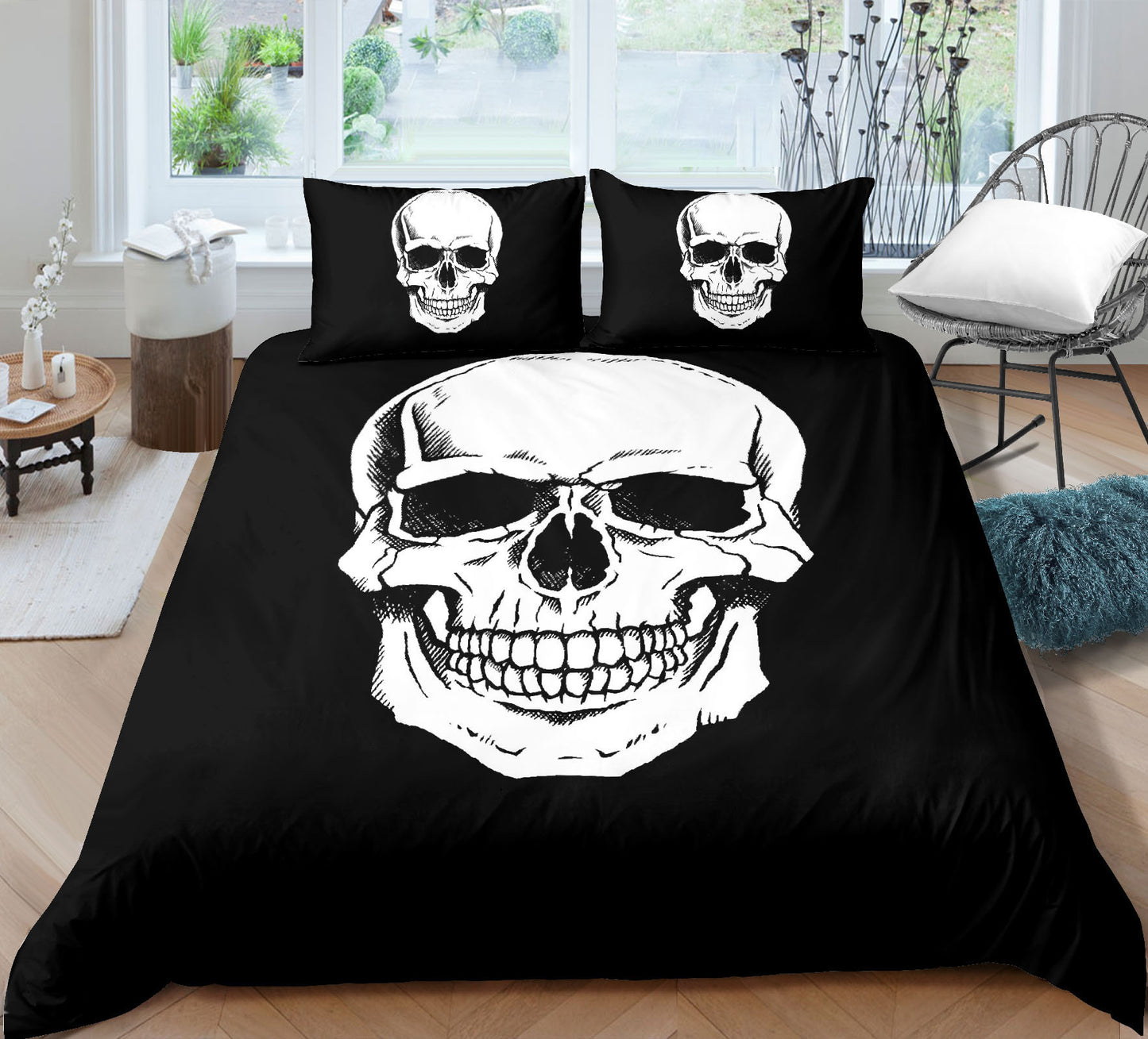 Juego de sábanas y fundas de edredón y almohadas con estampado digital 3D de calaveras de moda de tres piezas